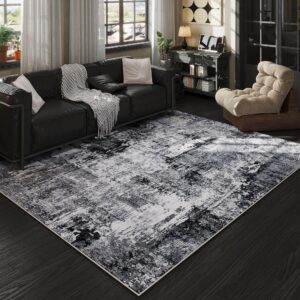 rugcomf 8x10 rug washable boho rug soft large area rug non-slip non-shedding faux wool vintage rug for living room, farmhouse, dining room, indoor, kids playroom, grey and black