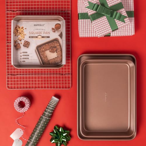 HAPPIELS Nonstick Non Toxic 9x13 in Baking Pan for oven | Cake Pan 9 x 13 Non Stick Nontoxic | Carbon Steel Gold Roasting Pan 13x9 | Rectangle Brownie Pan