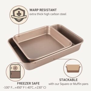 HAPPIELS Nonstick Non Toxic 9x13 in Baking Pan for oven | Cake Pan 9 x 13 Non Stick Nontoxic | Carbon Steel Gold Roasting Pan 13x9 | Rectangle Brownie Pan