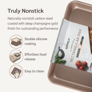 HAPPIELS Nonstick Non Toxic 9x13 in Baking Pan for oven | Cake Pan 9 x 13 Non Stick Nontoxic | Carbon Steel Gold Roasting Pan 13x9 | Rectangle Brownie Pan