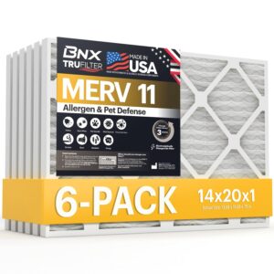 bnx trufilter 14x20x1 air filter merv 11 (6-pack) - made in usa - allergen defense electrostatic pleated air conditioner hvac ac furnace filters for allergies, dust, pet, smoke, allergy mpr 1200 fpr 7