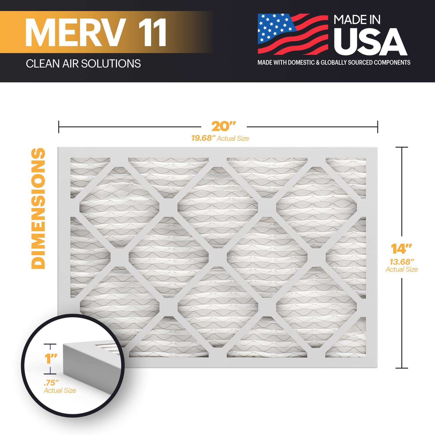 BNX TruFilter 14x20x1 Air Filter MERV 11 (6-Pack) - MADE IN USA - Allergen Defense Electrostatic Pleated Air Conditioner HVAC AC Furnace Filters for Allergies, Dust, Pet, Smoke, Allergy MPR 1200 FPR 7