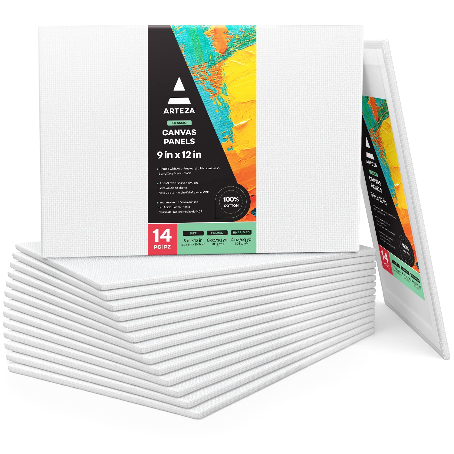 ARTEZA Canvas Boards for Painting, 9 x 12 Inches, Pack of 14, Blank White Canvas Panels for Acrylic, Oil and Gouache Painting