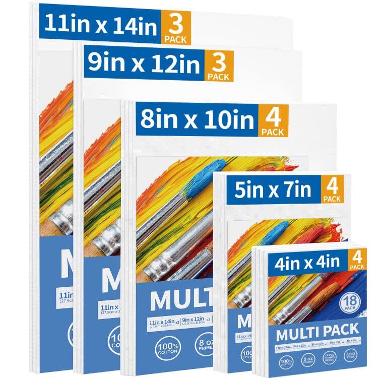 FIXSMITH Canvas Boards for Painting 18 Pack, Multi Pack- 4x4, 5x7, 8x10, 9x12, 11x14 Inches, 100% Cotton Primed Canvas Panels for Acrylic, Oil, Art Supplies for Kids, Adults, Beginners