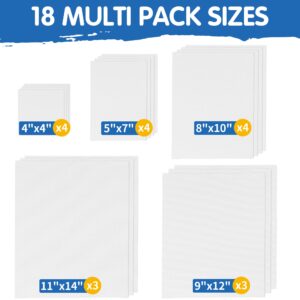 FIXSMITH Canvas Boards for Painting 18 Pack, Multi Pack- 4x4, 5x7, 8x10, 9x12, 11x14 Inches, 100% Cotton Primed Canvas Panels for Acrylic, Oil, Art Supplies for Kids, Adults, Beginners