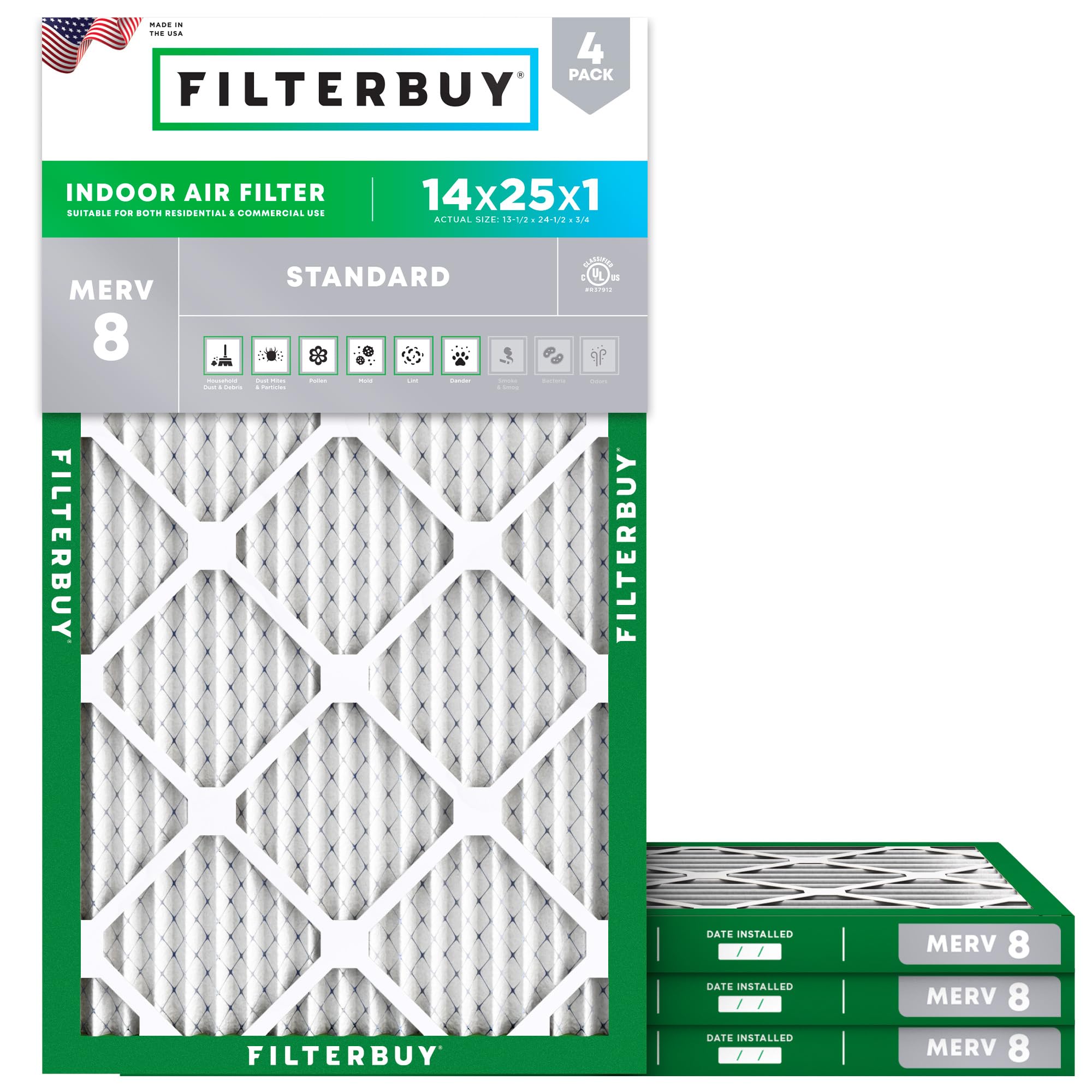 Filterbuy 14x25x1 Air Filter MERV 8 Dust Defense (4-Pack), Pleated HVAC AC Furnace Air Filters Replacement (Actual Size: 13.50 x 24.50 x 0.75 Inches)