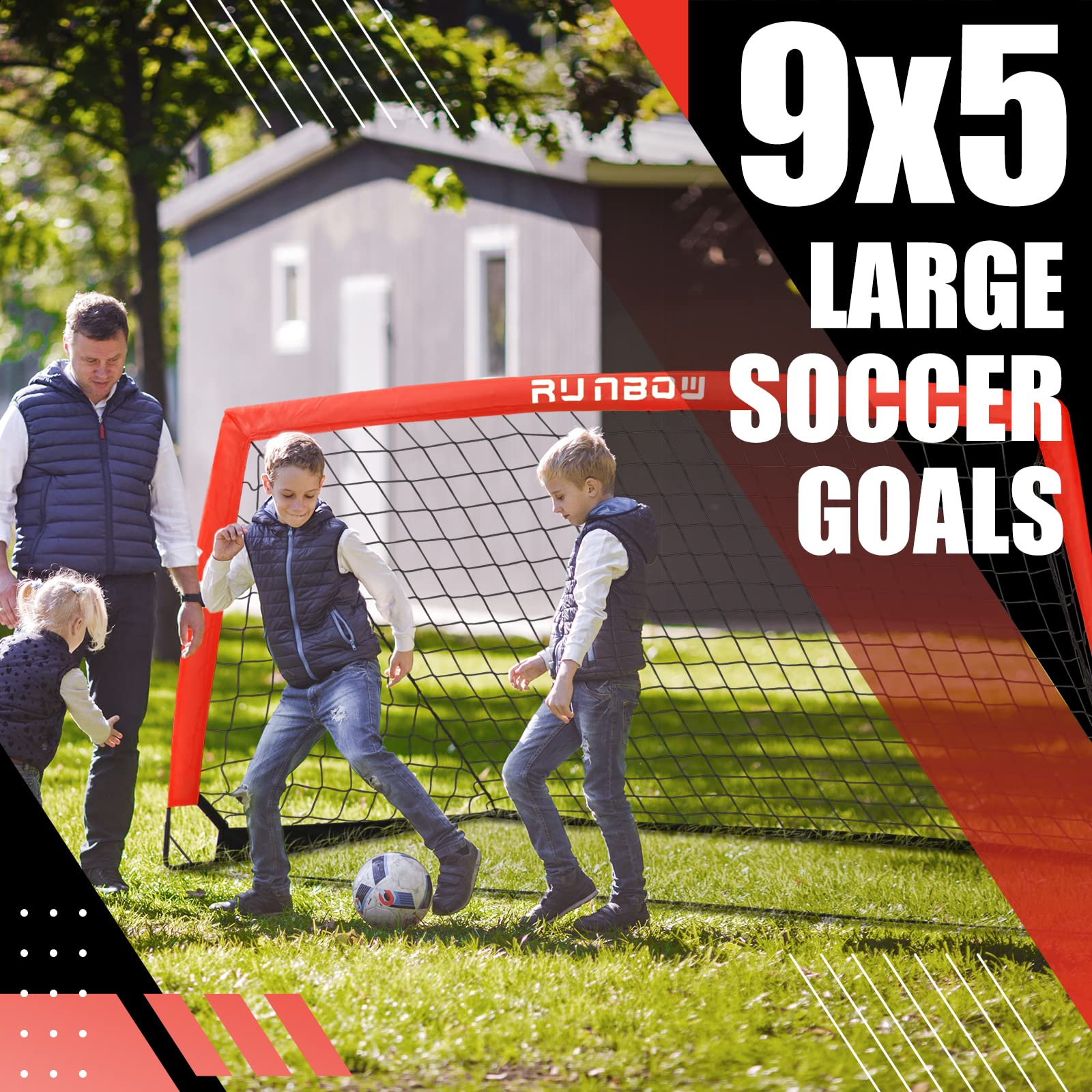 RUNBOW 9x5 ft Portable Kids Soccer Goal for Backyard Adult Junior Large Practice Soccer Net with Carry Bag (9x5ft, Red, 1 Pack)