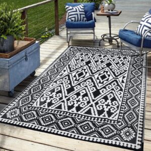 Rugcomf Outdoor Rug 8x10, Outdoor Patio Rug Waterproof for Outside Your Rv, Outside, Camping, Deck, Porch, Balcony, Backyard, Picnic Black and White