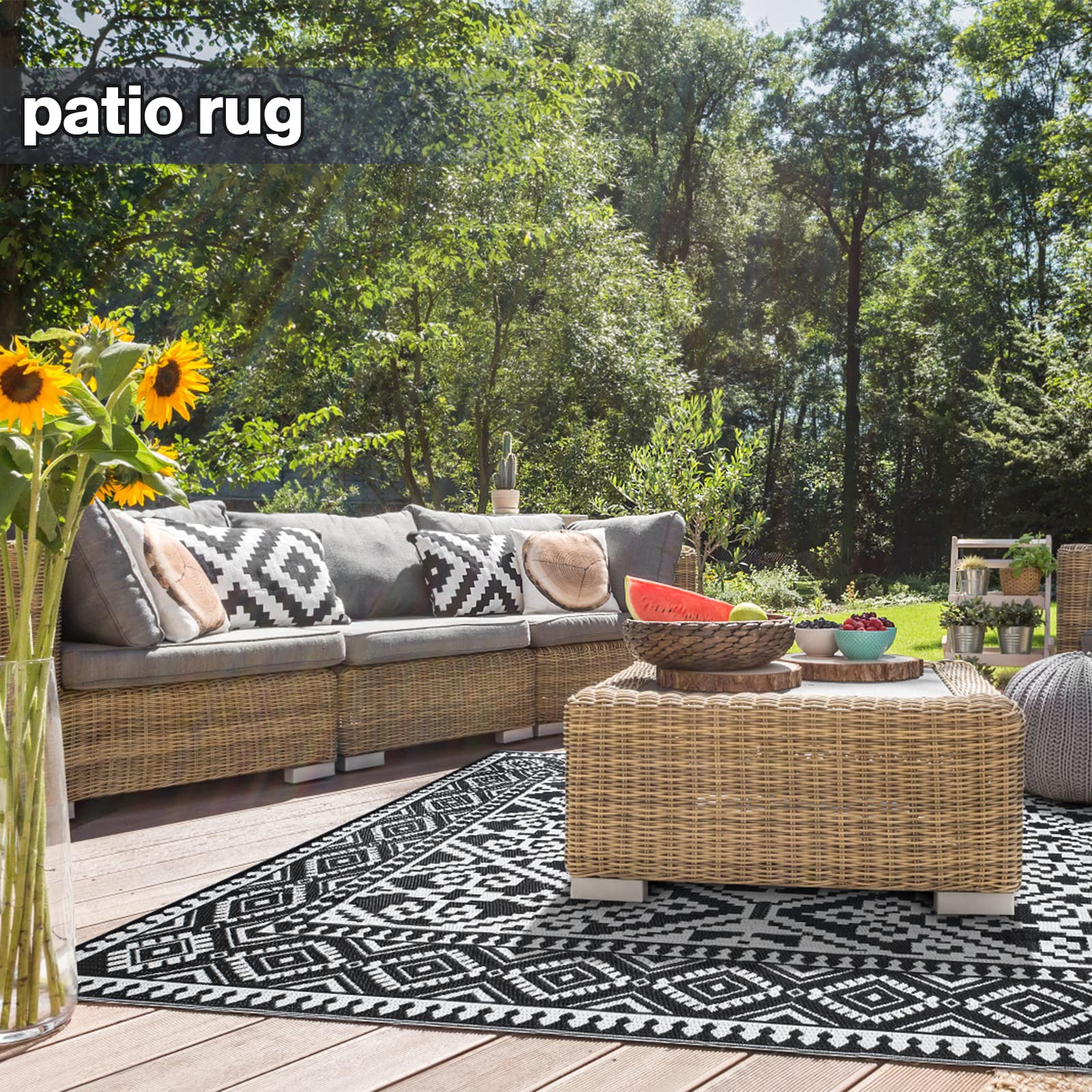 Rugcomf Outdoor Rug 8x10, Outdoor Patio Rug Waterproof for Outside Your Rv, Outside, Camping, Deck, Porch, Balcony, Backyard, Picnic Black and White