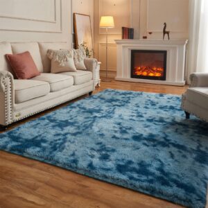 arbosofe area rugs for living room bedroom, 8x10 ft tie dyed blue fluffy fuzzy shag small carpet soft plush furry clearance rug, cute rugs for nursery, playroom, kids and girls room