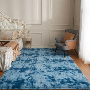 Arbosofe Area Rugs for Living Room Bedroom, 8X10 ft Tie dyed Blue Fluffy Fuzzy Shag Small Carpet Soft Plush Furry Clearance Rug, Cute Rugs for Nursery, Playroom, Kids and Girls Room