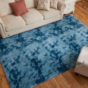 Arbosofe Area Rugs for Living Room Bedroom, 8X10 ft Tie dyed Blue Fluffy Fuzzy Shag Small Carpet Soft Plush Furry Clearance Rug, Cute Rugs for Nursery, Playroom, Kids and Girls Room