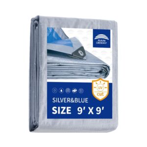 raindeway tarps 9x9 feet - 5.5 mil, multipurpose waterproof poly tarp cover with metal grommets and reinforced edges, silver/blue tarp