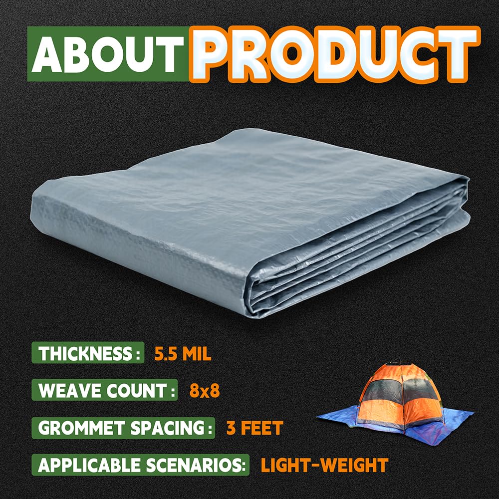 RAINDEWAY Tarps 9x9 Feet - 5.5 Mil, Multipurpose Waterproof Poly Tarp Cover with Metal Grommets and Reinforced Edges, Silver/Blue Tarp