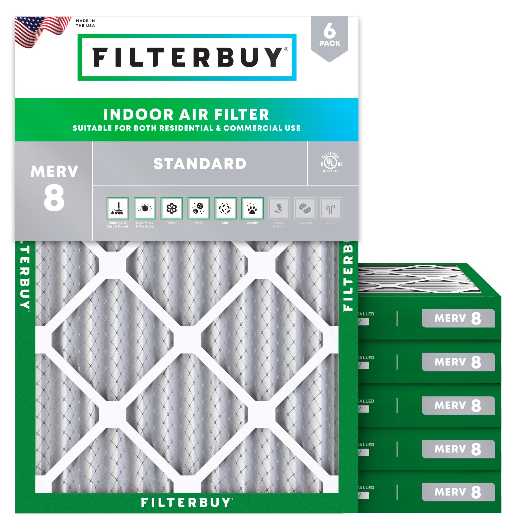 Filterbuy 14x20x2 Air Filter MERV 8 Dust Defense (6-Pack), Pleated HVAC AC Furnace Air Filters Replacement (Actual Size: 13.50 x 19.50 x 1.75 Inches)