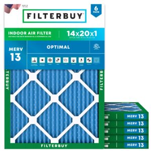 Filterbuy 14x20x1 Air Filter MERV 13 Optimal Defense (6-Pack), Pleated HVAC AC Furnace Air Filters Replacement (Actual Size: 13.50 x 19.50 x 0.75 Inches)