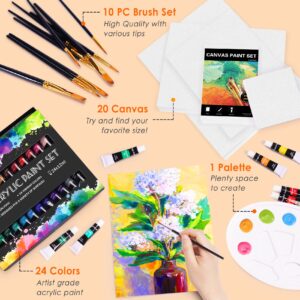 Canvases for Painting, Painting Supplies with 20 Cotton Canvas Panels, 4x4, 5x7, 8x10, 9x12, 11x14 inches (4 of Each), with 24 Acrylic Paints, 10 Brushes, Painting Canvas Set for Multimedia