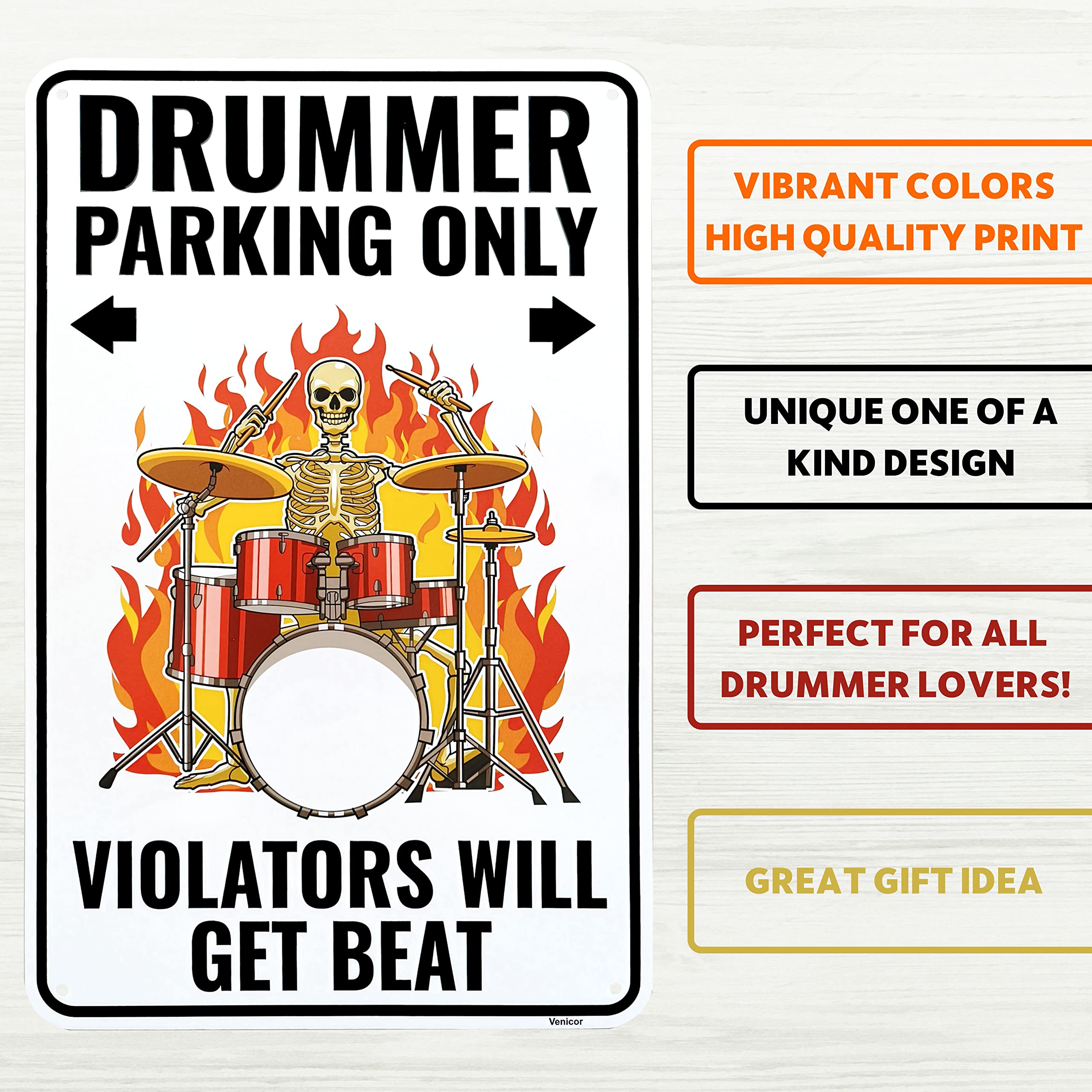 Venicor Drummer Sign - 9 x 14 Inches - Aluminum - Drummer Gifts for Men - Drum Decor Accessories Decorations Stuff