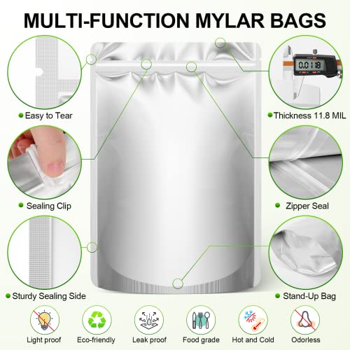 100PCS Mylar Bags with 400cc Oxygen Absorbers, 11.8 Mil Thicker Long Term Food Storage Bag, 1 Gallon 10x14 6x9 4x6 Stand-up Zipper Resealable Heat Sealable for Airtight Smell Proof Packaging