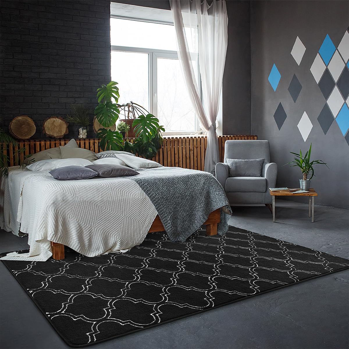 HOMORE Black and White Area Rugs for Bedroom, 6x9 Black Memory Foam Rugs for Boys Bedroom, Black Fluffy Shag Rugs for Living Room, Large Rug and Carpets for Kids Nursery PlayRoom Classroom Decor