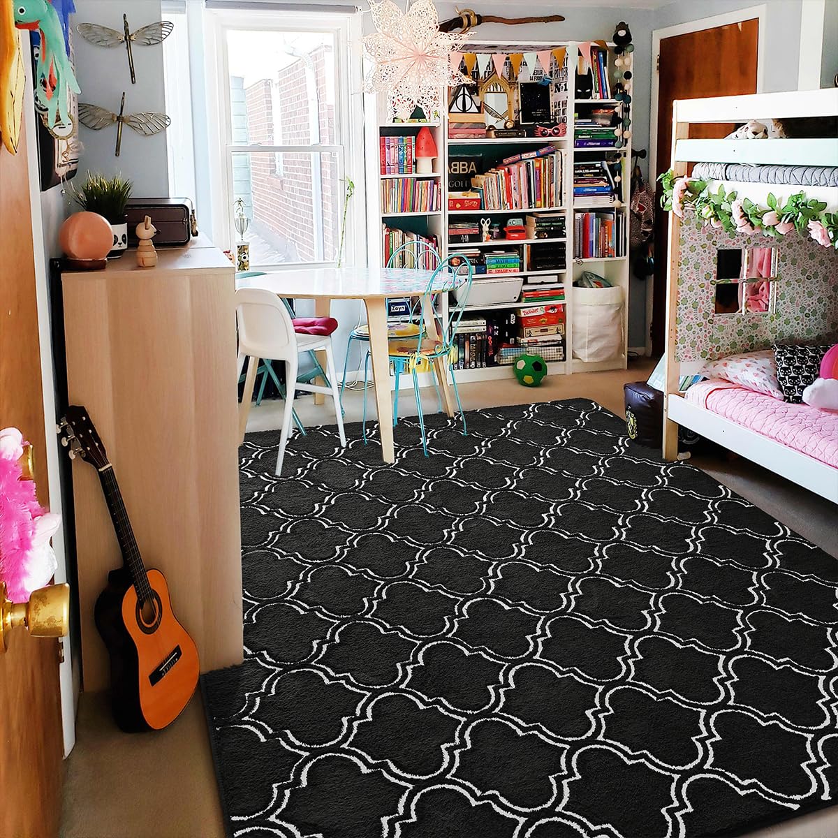 HOMORE Black and White Area Rugs for Bedroom, 6x9 Black Memory Foam Rugs for Boys Bedroom, Black Fluffy Shag Rugs for Living Room, Large Rug and Carpets for Kids Nursery PlayRoom Classroom Decor