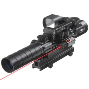 PINTY Rifle Scope Red Dot Laser Combo — 4in1 Gun Set: 3-9x32 Illuminated Hunting Scope, Green or Red Dot, Red Laser Sight, Pic Riser Mount — Tactical Scope and Laser for Shooting Airsoft More, Black