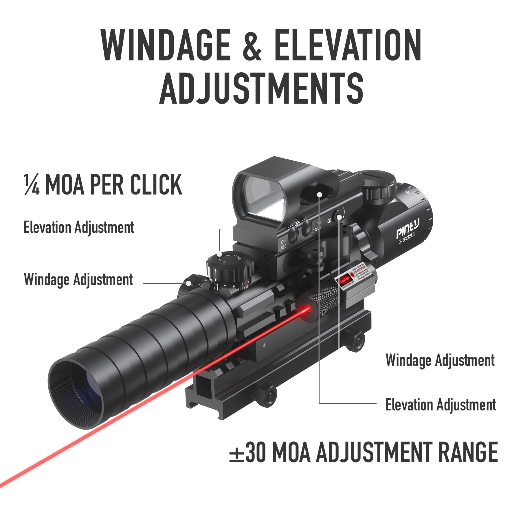 PINTY Rifle Scope Red Dot Laser Combo — 4in1 Gun Set: 3-9x32 Illuminated Hunting Scope, Green or Red Dot, Red Laser Sight, Pic Riser Mount — Tactical Scope and Laser for Shooting Airsoft More, Black