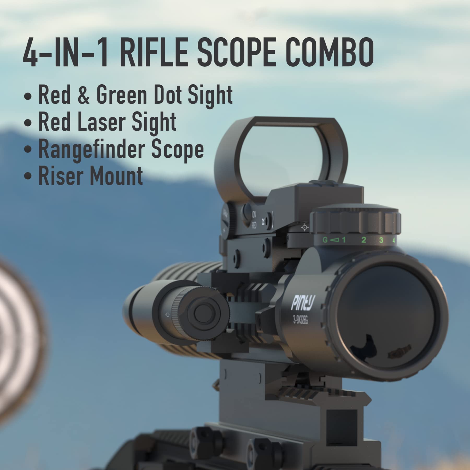 PINTY Rifle Scope Red Dot Laser Combo — 4in1 Gun Set: 3-9x32 Illuminated Hunting Scope, Green or Red Dot, Red Laser Sight, Pic Riser Mount — Tactical Scope and Laser for Shooting Airsoft More, Black