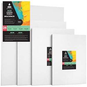 arteza canvas boards for painting, 9 x 12, 11 x 14, 12 x 16, 16 x 20 inches, multipack of 28, blank white canvas for acrylic, oil and gouache painting