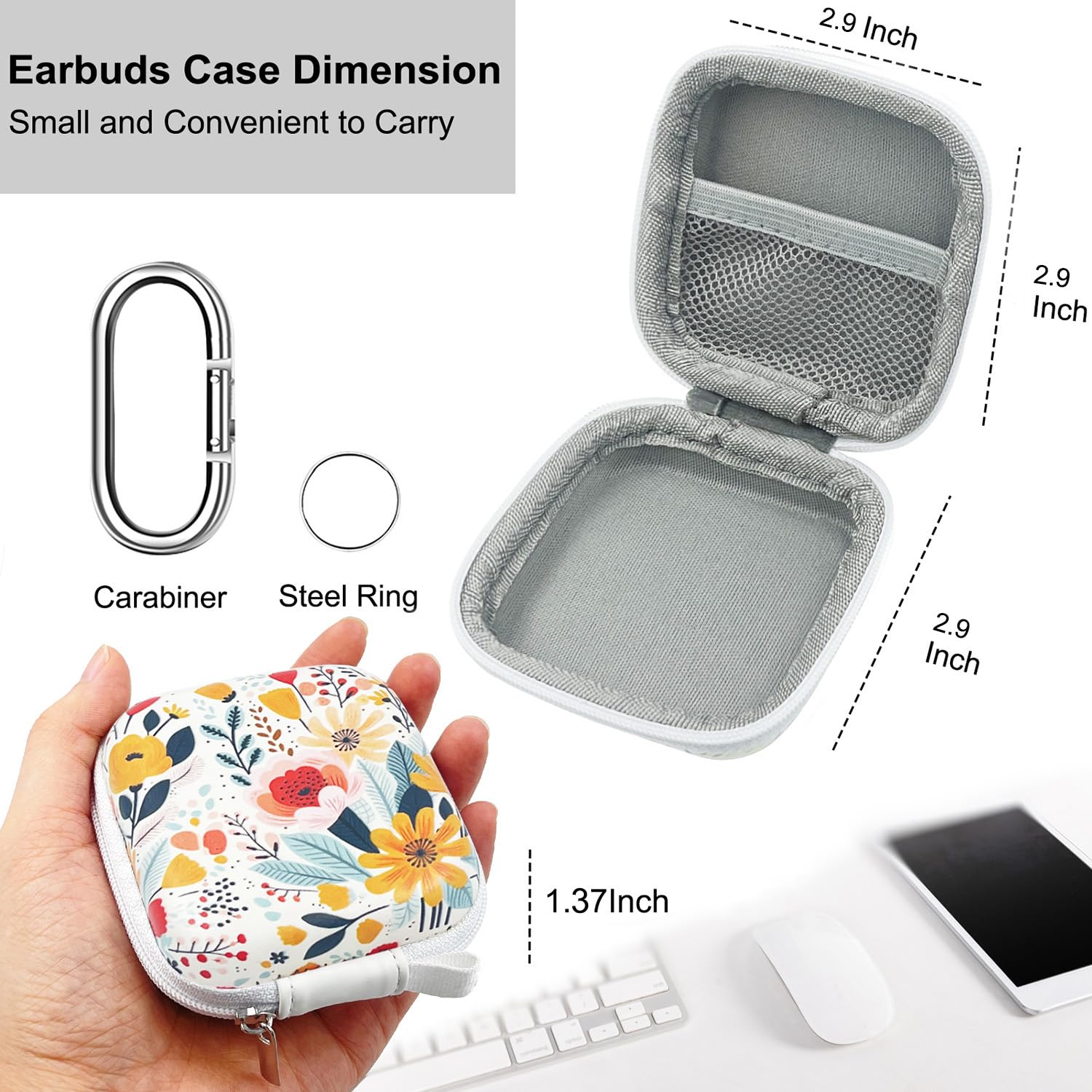 KOUJAON Square Earbud Case, Headphone Organizer Wired Ear Bud Case Portable EVA Carrying Case Storage Bag with Carabiner for Airpods Pro Beats Bose Galaxy Buds Data Cable Storage (Blooming Floral)