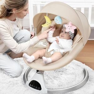 HARPPA Electric Baby Swings for Infants to Toddler, Portable Babies Rocker Bouncer for Newborn Boy and Girls, Motorized Bluetooth Swing, Music Speaker with 12 Preset Lullabies(Khaki)