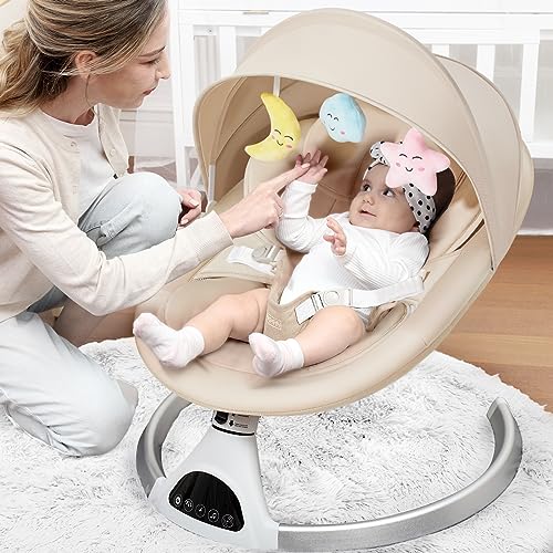 HARPPA Electric Baby Swings for Infants to Toddler, Portable Babies Rocker Bouncer for Newborn Boy and Girls, Motorized Bluetooth Swing, Music Speaker with 12 Preset Lullabies(Khaki)