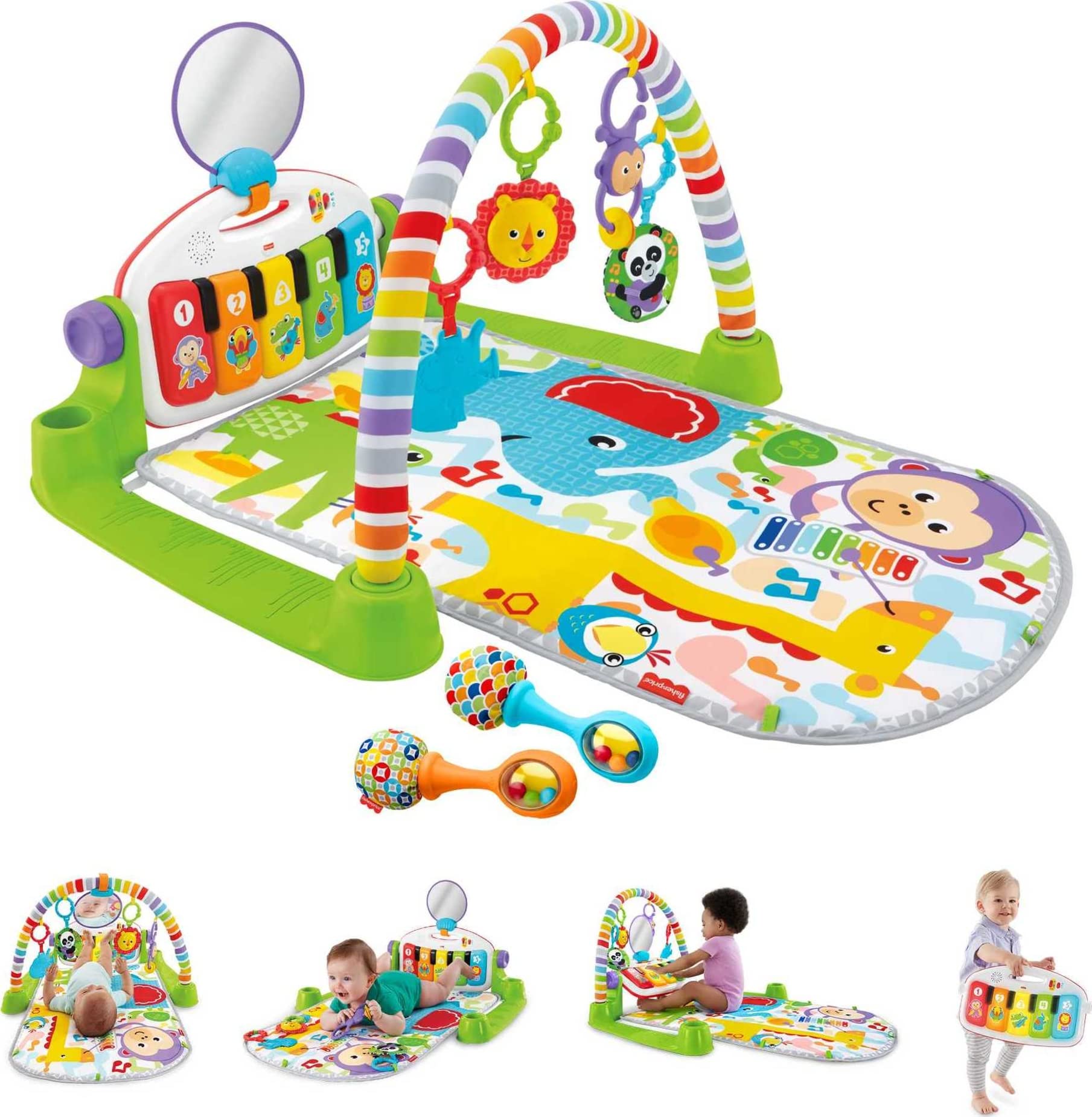 Fisher-Price Baby Bouncer Animal Wonders Jumperoo Activity Center & Fisher-Price Baby Playmat Deluxe Kick & Play Piano Gym & Maracas with Smart Stages Learning Content