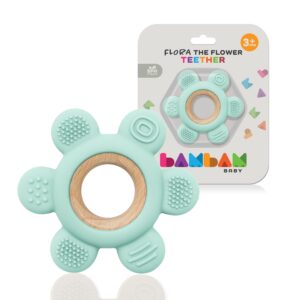 bambam baby premium silicone teething ring toy – 100% bpa free, child safety tested, for baby & infant 0-6, 3-6 and 6-12 months teether toys – flora the flower (mossy meadow)