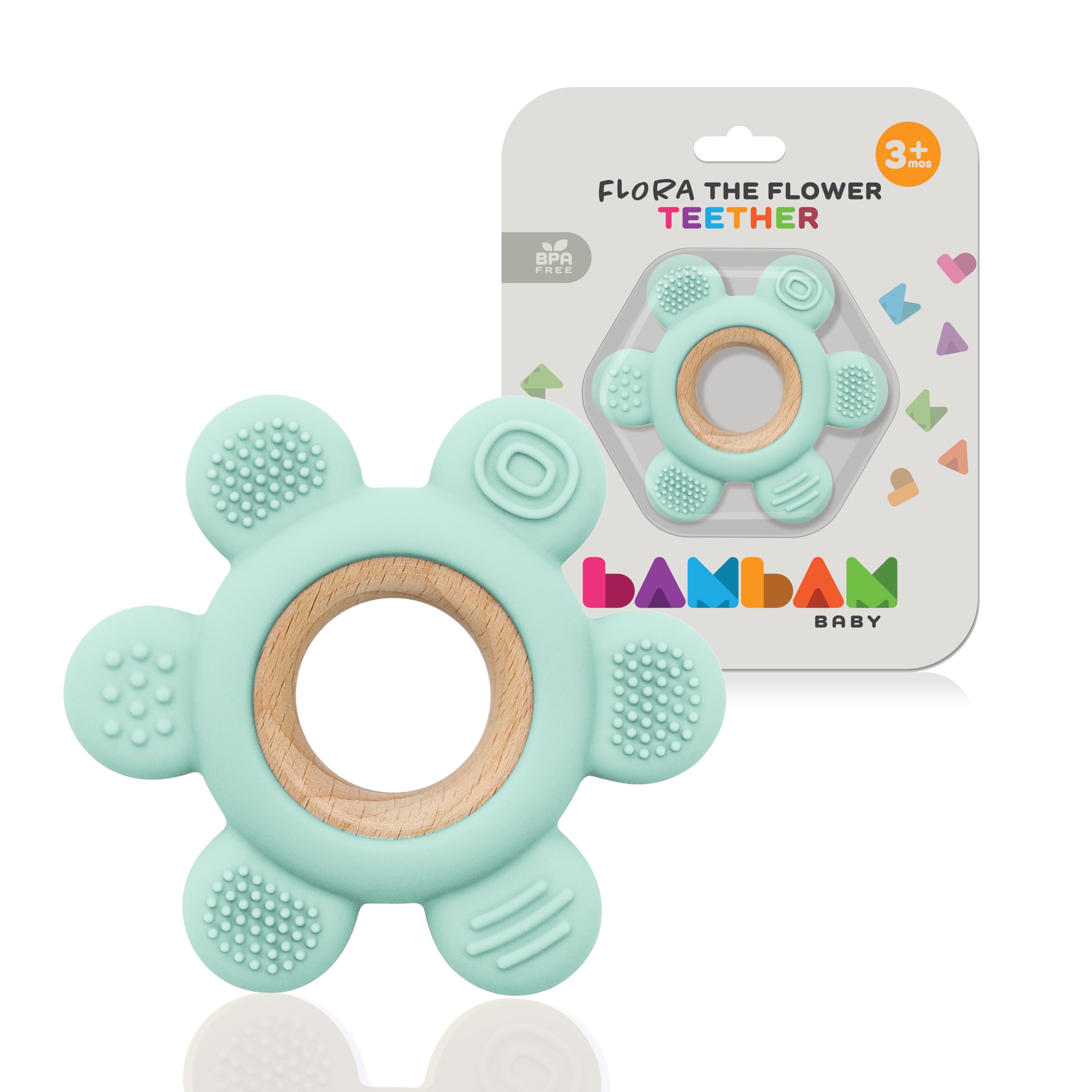 BAMBAM Baby Premium Silicone Teething Ring Toy – 100% BPA Free, Child Safety Tested, for Baby & Infant 0-6, 3-6 and 6-12 Months Teether Toys – Flora The Flower (Mossy Meadow)