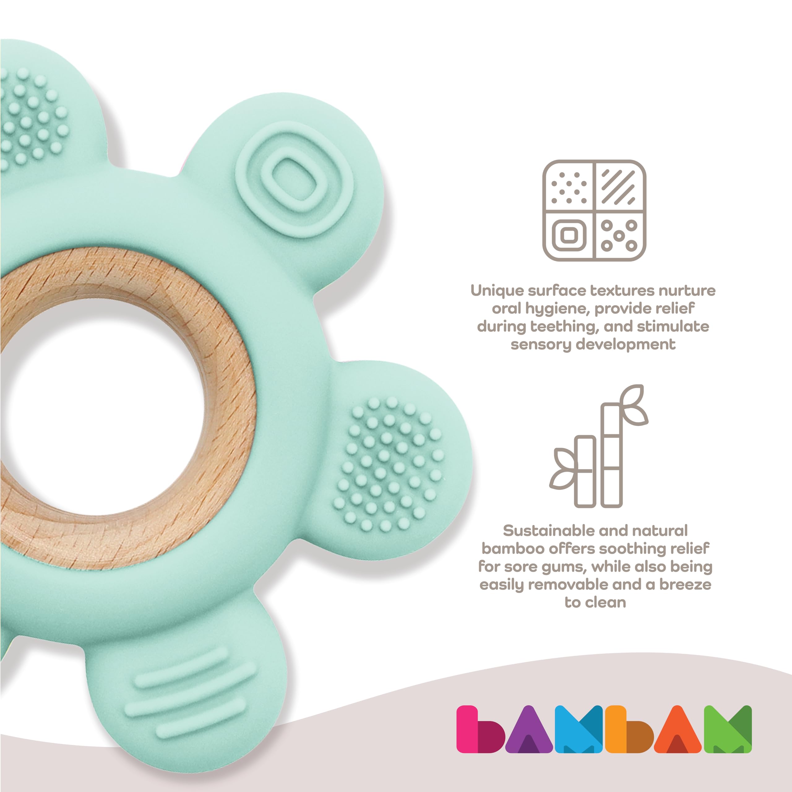 BAMBAM Baby Premium Silicone Teething Ring Toy – 100% BPA Free, Child Safety Tested, for Baby & Infant 0-6, 3-6 and 6-12 Months Teether Toys – Flora The Flower (Mossy Meadow)