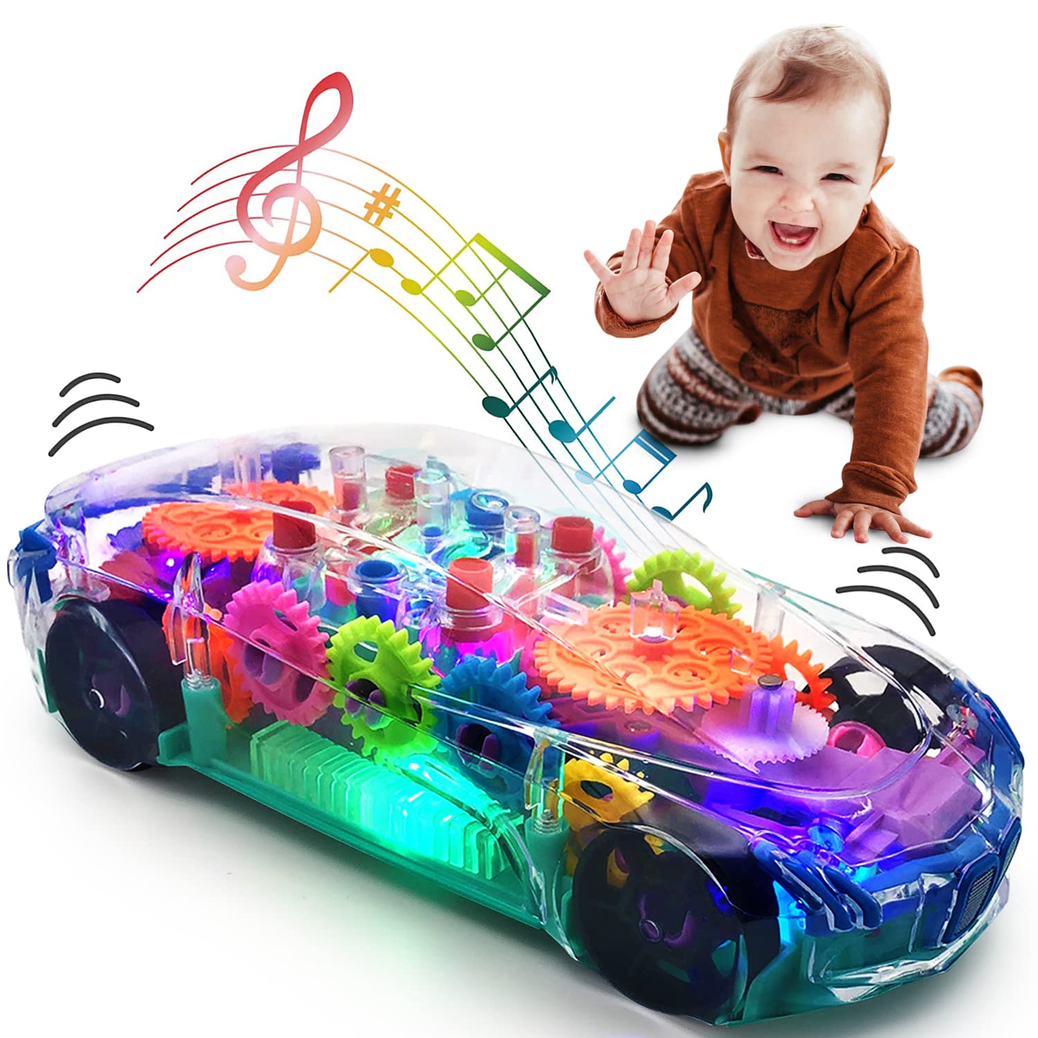 TOOTY TOY Light Up Transparent Car Toy - Fun and Interactive Electric Car Toy for Kids- Music Car with LED - Colorful Moving Gears -Tummy Time Crawling Baby Light Up Toys for Boys & Girls