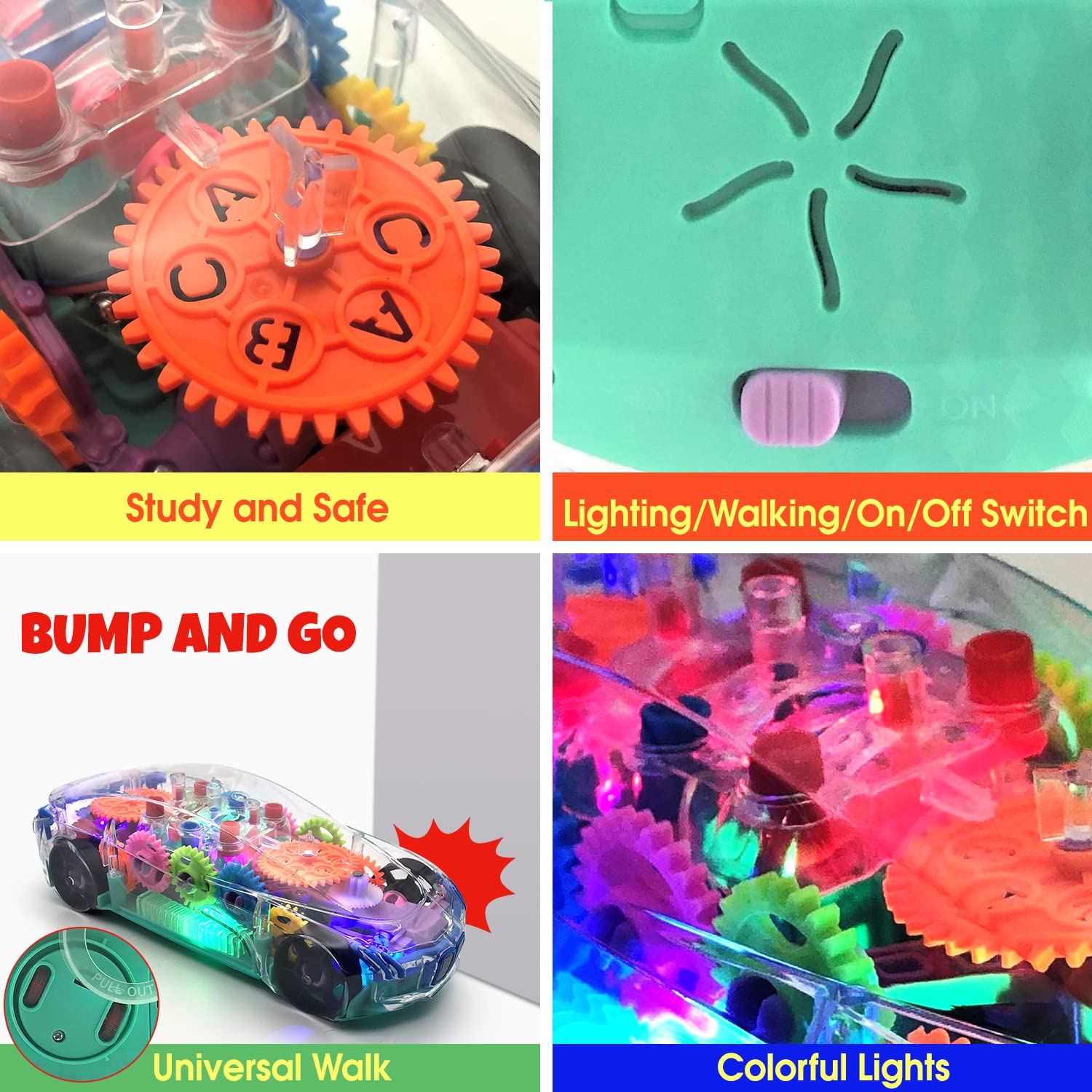 TOOTY TOY Light Up Transparent Car Toy - Fun and Interactive Electric Car Toy for Kids- Music Car with LED - Colorful Moving Gears -Tummy Time Crawling Baby Light Up Toys for Boys & Girls