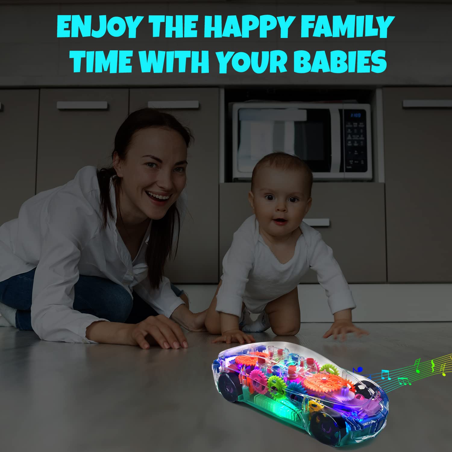 TOOTY TOY Light Up Transparent Car Toy - Fun and Interactive Electric Car Toy for Kids- Music Car with LED - Colorful Moving Gears -Tummy Time Crawling Baby Light Up Toys for Boys & Girls