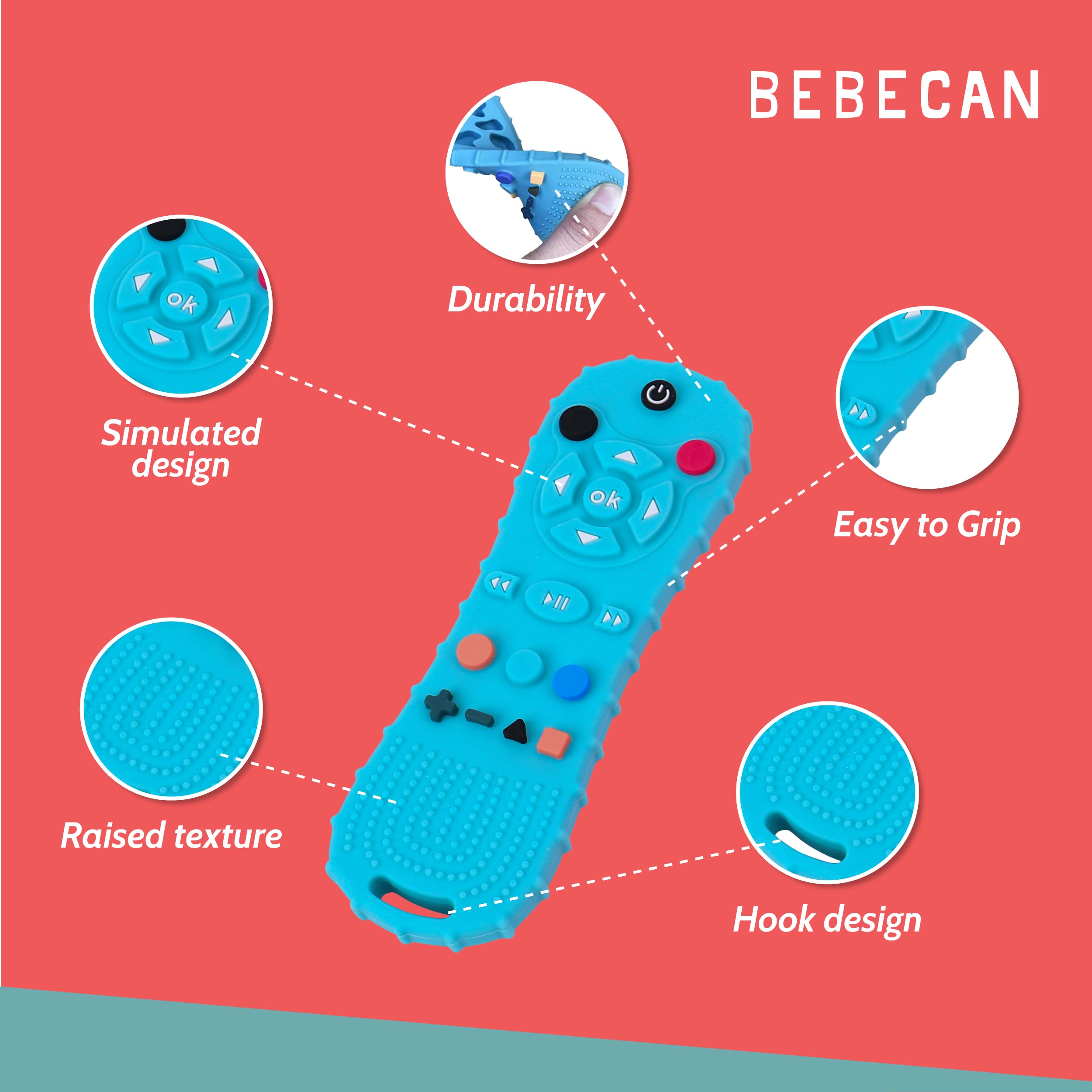 BEBECAN Silicone Baby Remote Teether - The Perfect Distraction Remote Control Toy, Safe Food Grade Silicone BPA Free Baby Teether Remote for Baby, Baby Remote Teether Control for Baby