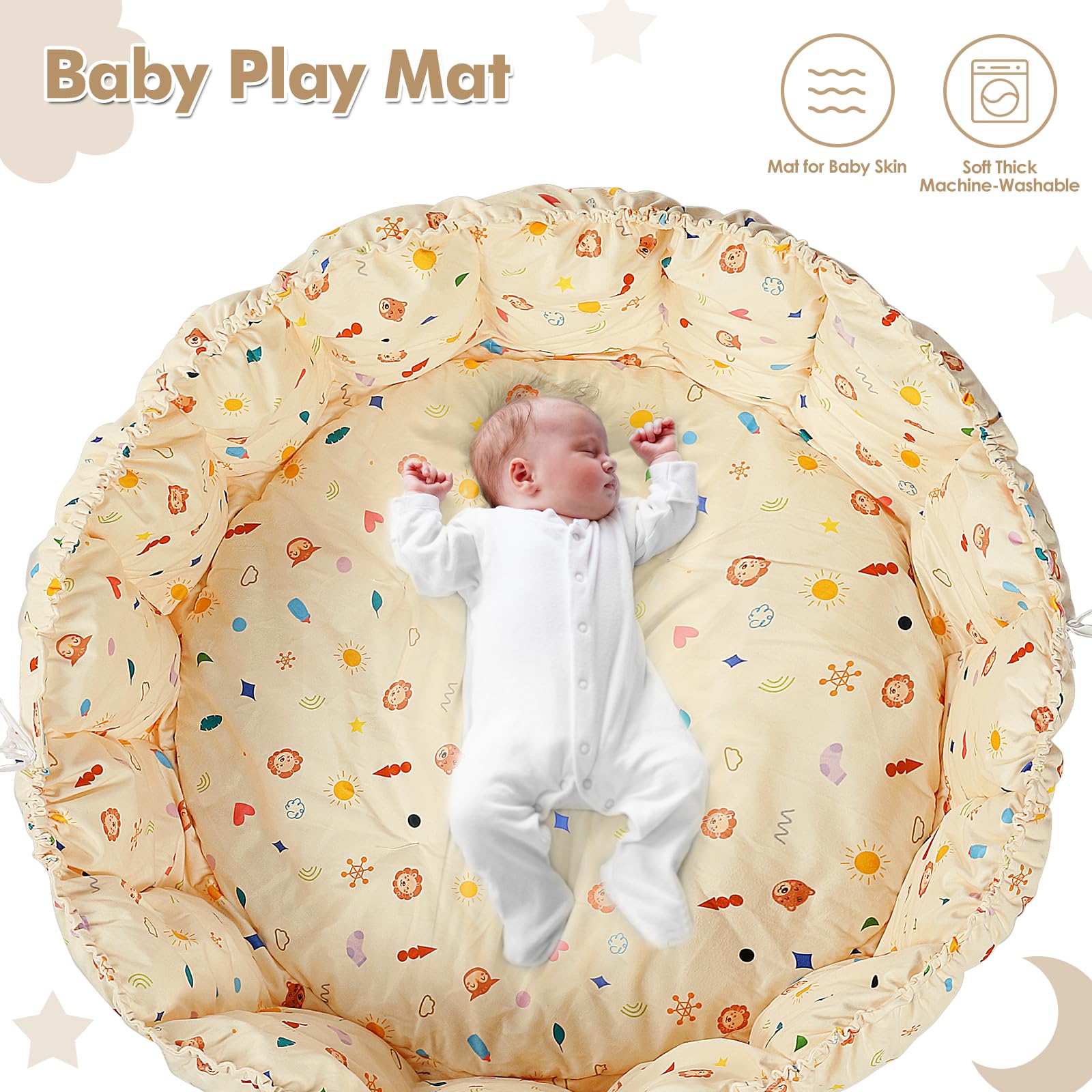 Patywaga 5 in 1 Thick and Plush Play Gym, Tummy Time Mat, Play Mat for Babies and Toddlers, Activity Gym, Baby Activity Center from Baby to Toddler, Ball Pit, Soft Plush Pet Bed, with 5 Toys(Beige)