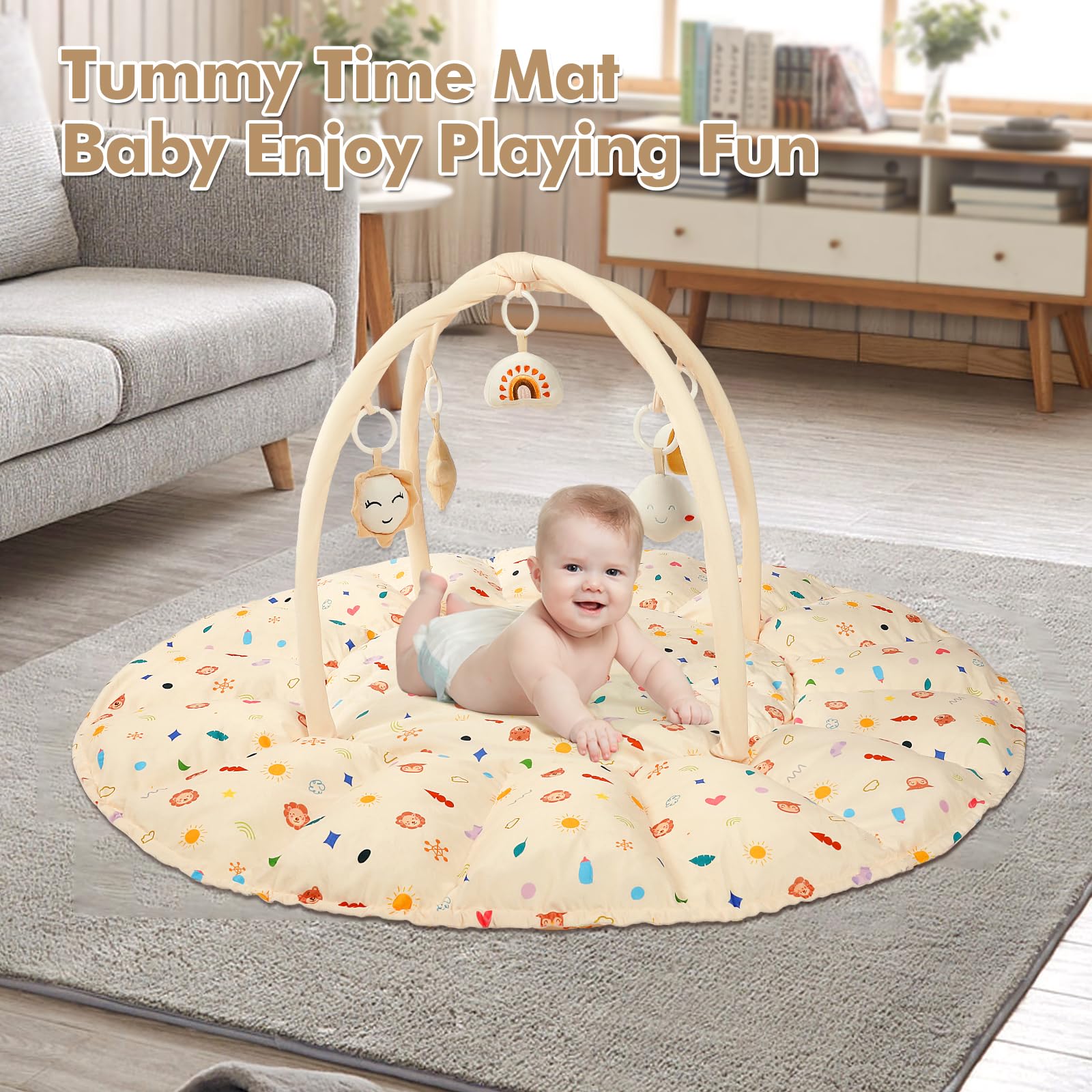 Patywaga 5 in 1 Thick and Plush Play Gym, Tummy Time Mat, Play Mat for Babies and Toddlers, Activity Gym, Baby Activity Center from Baby to Toddler, Ball Pit, Soft Plush Pet Bed, with 5 Toys(Beige)