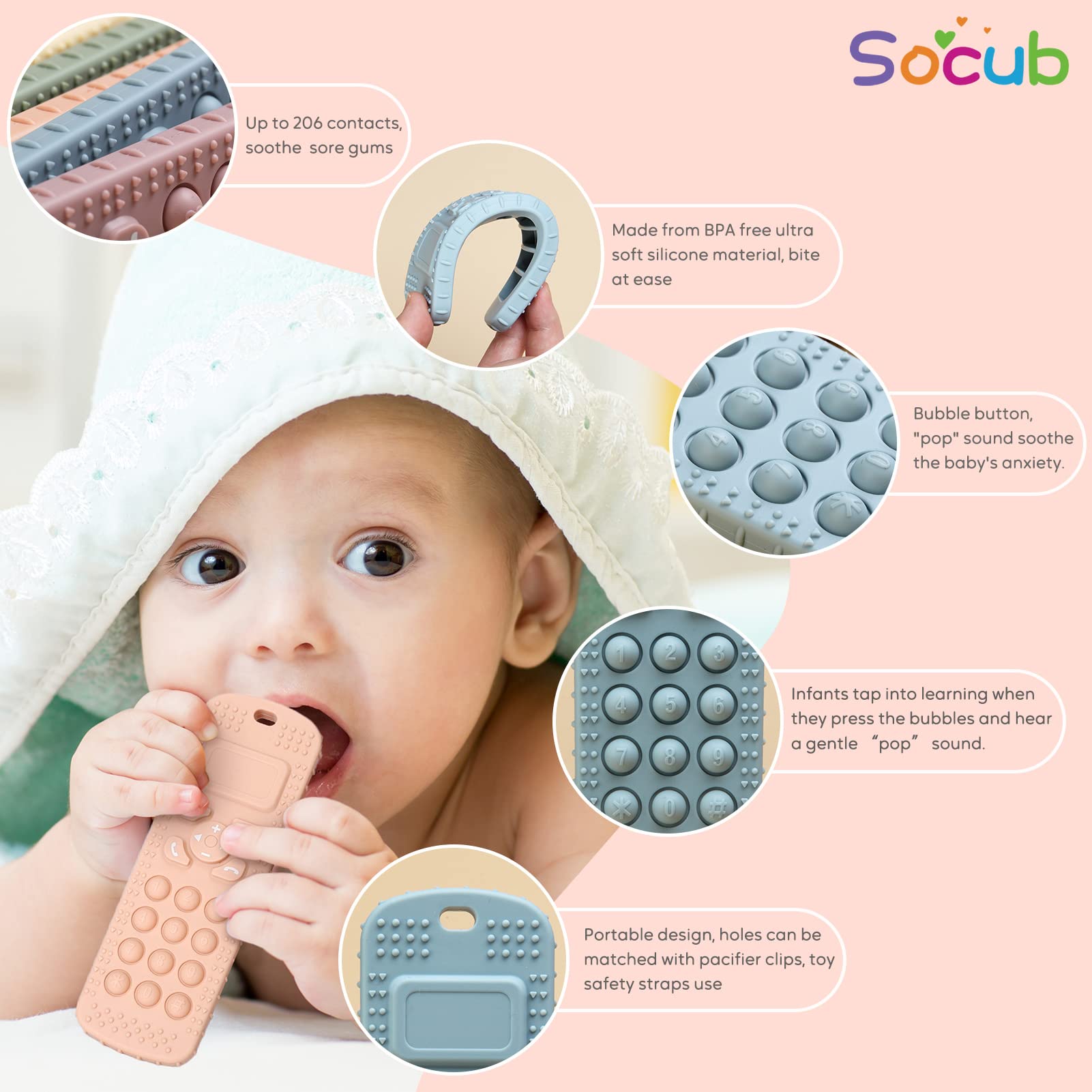 Socub Silicone Baby Teething Toy for Babies 3-12 Months, 2 Pcs Mobile Phone Shape Teether Toys for Infants Boys Girls, BPA Free Pain Relief Chew Toy (blush/Dusty lilac)