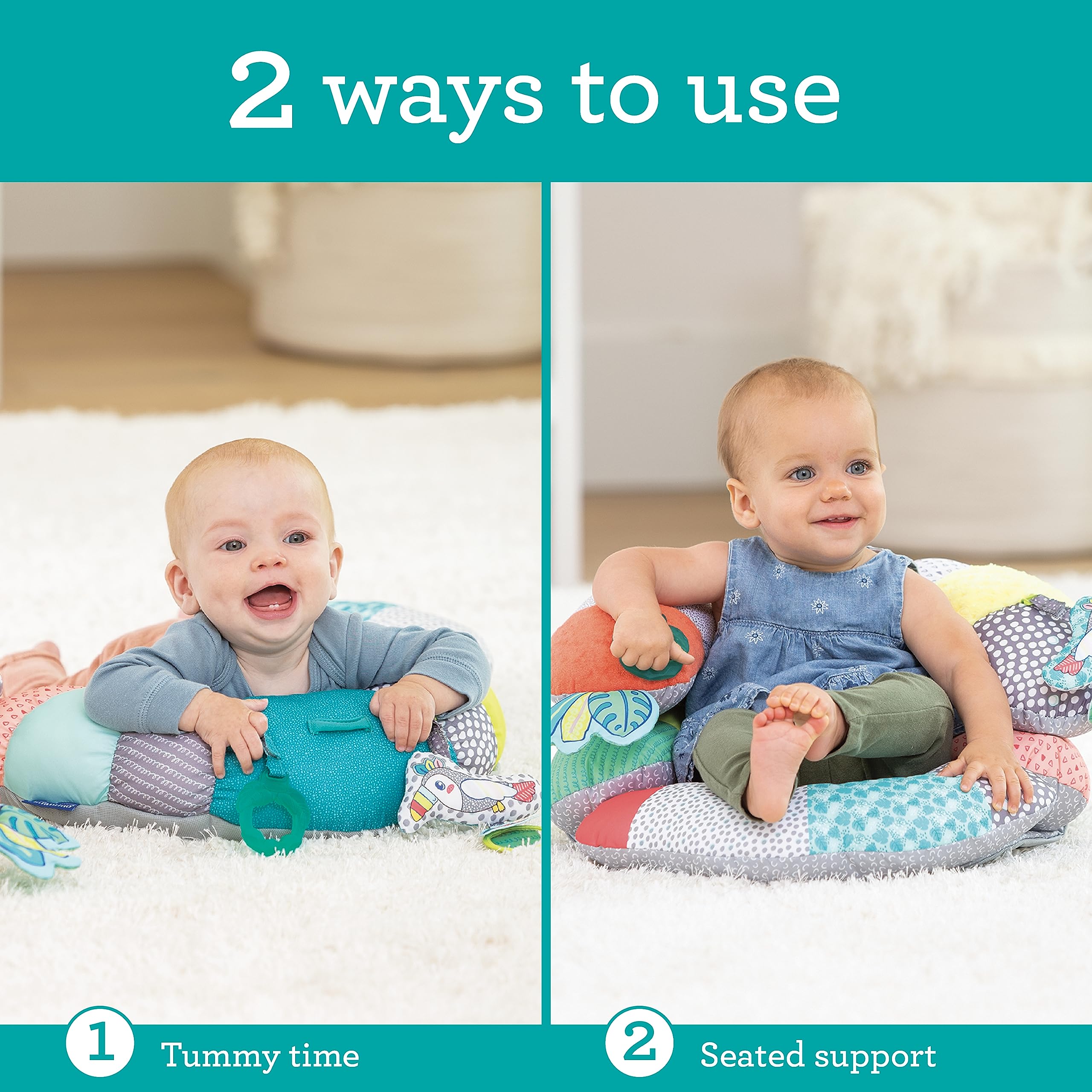 Infantino 2-in-1 Tummy Time & Seated Support - for Newborns and Older Babies, with Detachable Support Pillow and Toys, for Development of Strong Head and Neck Muscles