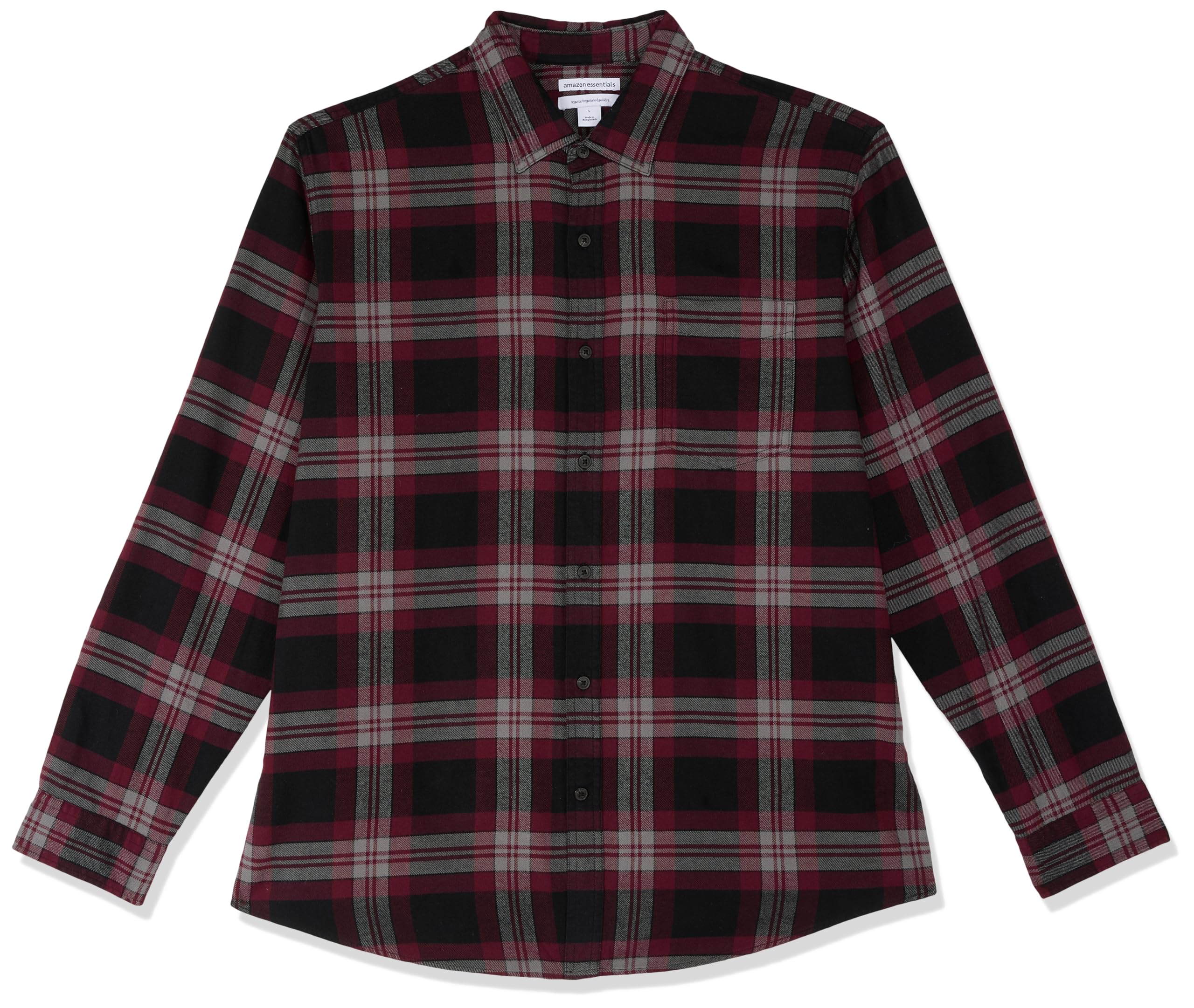 Amazon Essentials Men's Long-Sleeve Flannel Shirt (Available in Big & Tall), Black Burgundy Grey Plaid, Medium