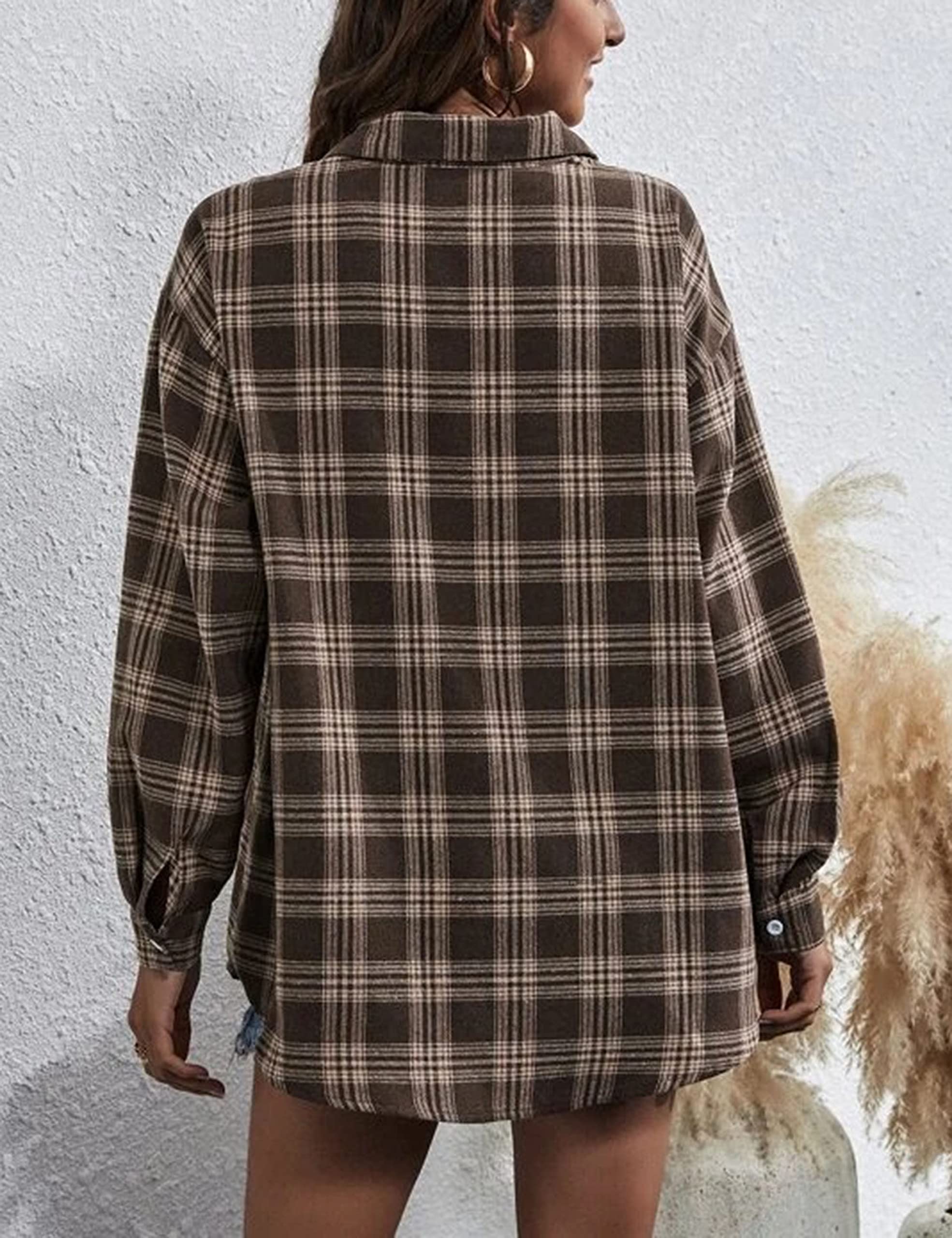 HangNiFang Flannel Shirts for Women Oversized Coffee Plaid Shirts Blouse Tops(0368-Coffee-M)