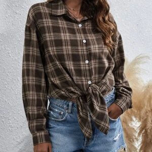 HangNiFang Flannel Shirts for Women Oversized Coffee Plaid Shirts Blouse Tops(0368-Coffee-M)