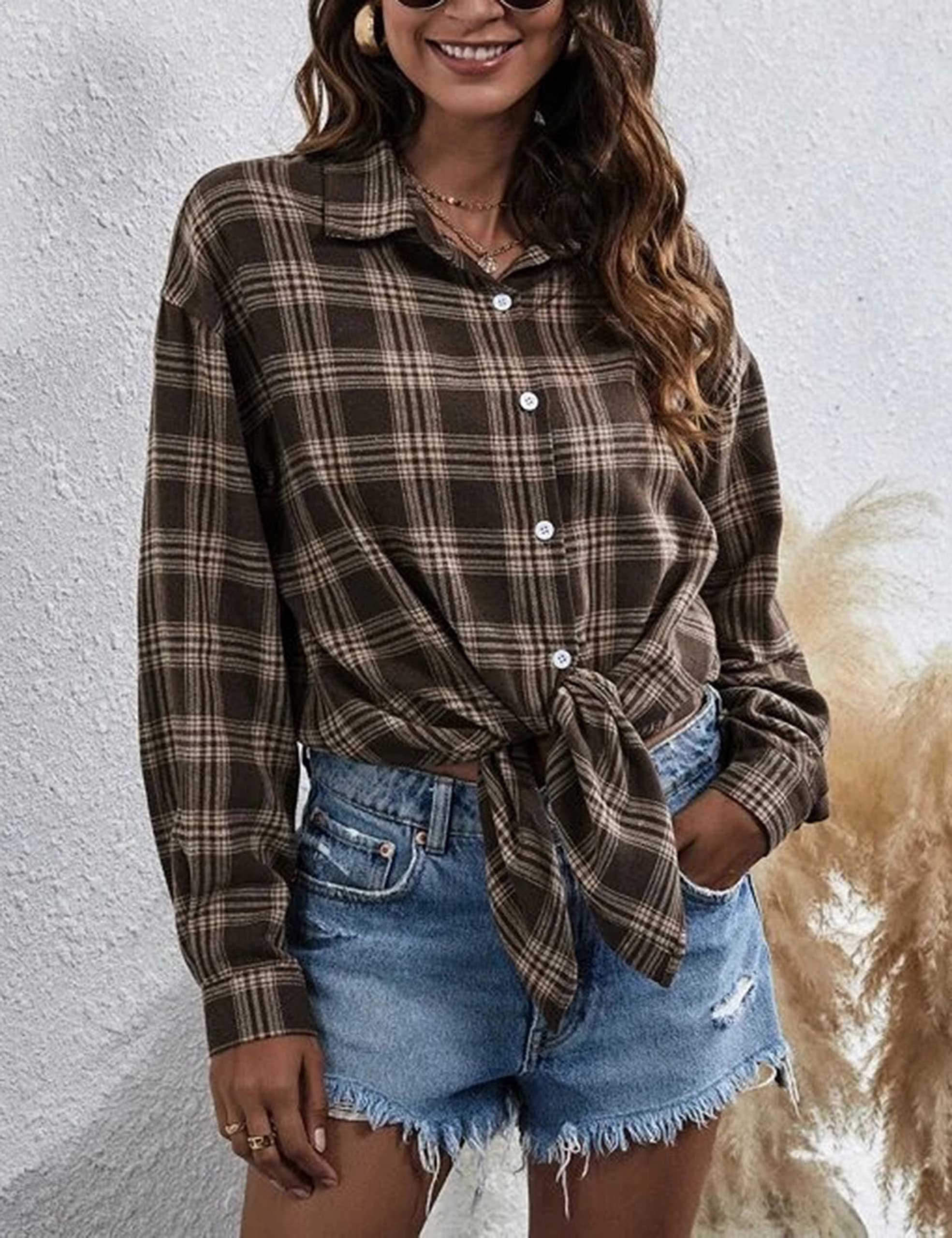 HangNiFang Flannel Shirts for Women Oversized Coffee Plaid Shirts Blouse Tops(0368-Coffee-M)