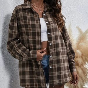 HangNiFang Flannel Shirts for Women Oversized Coffee Plaid Shirts Blouse Tops(0368-Coffee-M)