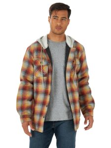 wrangler authentics men's long sleeve quilted lined flannel shirt jacket with hood, red/yellow, medium